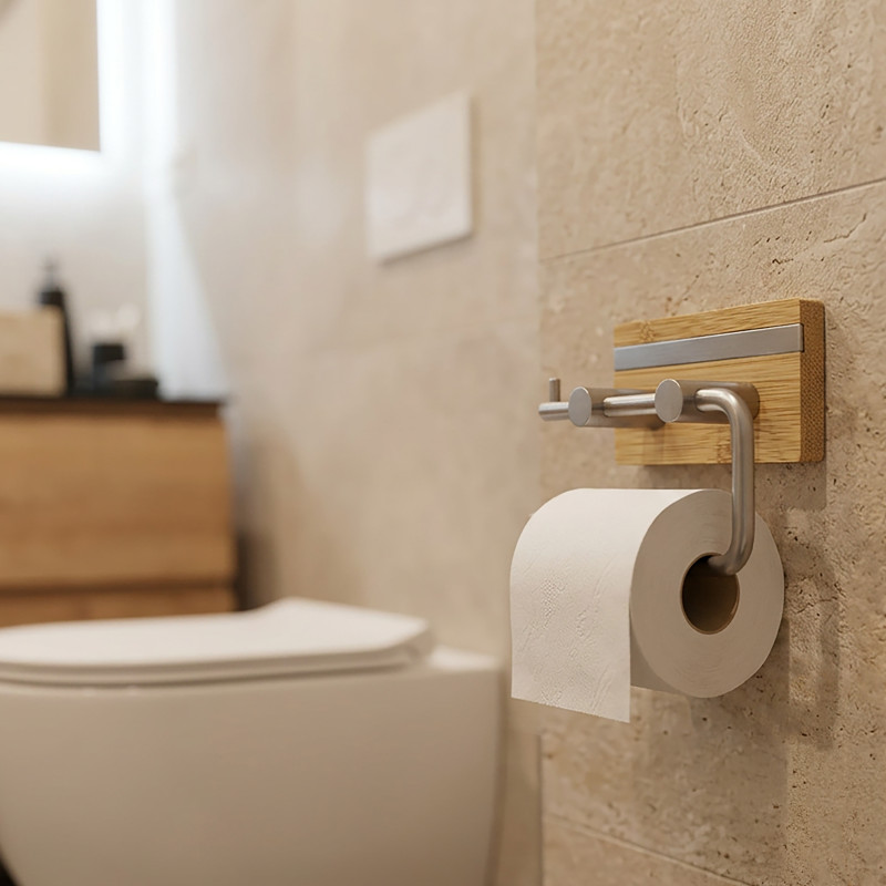 Porte rouleau papier wc adhésif FLAVIO Acier & Bambou MSV